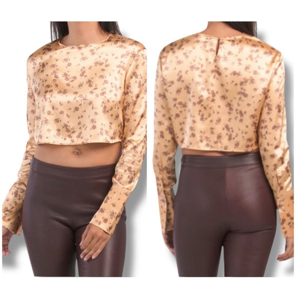 NWT Zara Satin Floral Long Sleeve Crop Top Size Medium